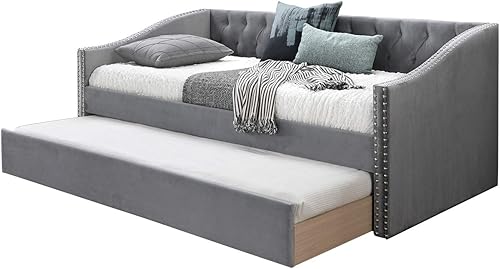 Miniatura 4 de Cama de día tapizada de terciopelo con ribete de clavos, color gris