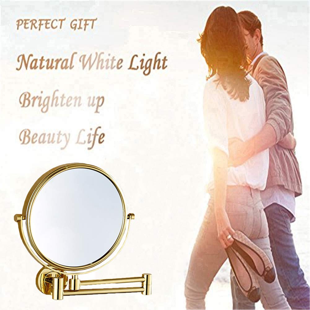 Espejo de maquillaje Montaje en pared, Doble Cara 3 aumentos Espejo de baño giratorio de 360 ° Espejo de afeitar de Forma Redonda plegable extensible,Gold_8inch (Gold 8inch)