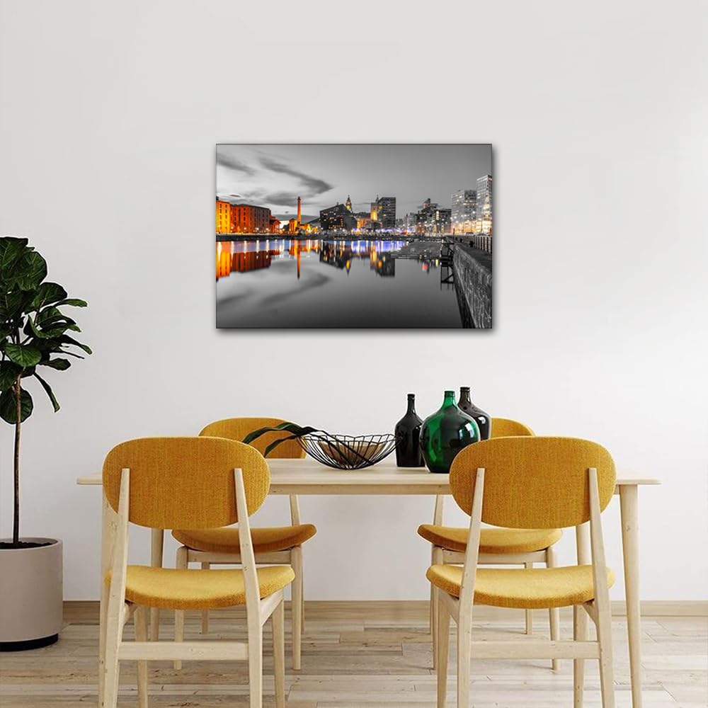 Liverpool UK Wall Decor Liverpool Skyline Posters Prints on Canvas Albert Dock Balck and White Wall Art 1 Panel Liverpool Bedroom Decor Modern Home Decor Framed Ready to Hang (16''Wx 24''H) - Image 4