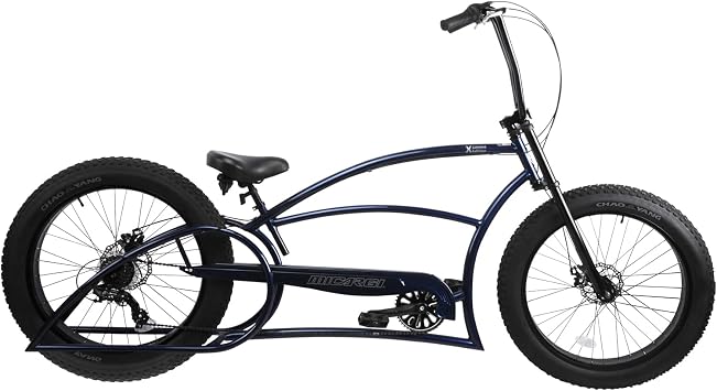 MICARGI BOMBITA-XLE-GT7-DBL 26-Inch Chopper-Style Stretch Cruiser Bike 7-Speed DISC Brake, Fat Tire Bike, Mens Bike, Complete Cruiser Bikes Dark Blue