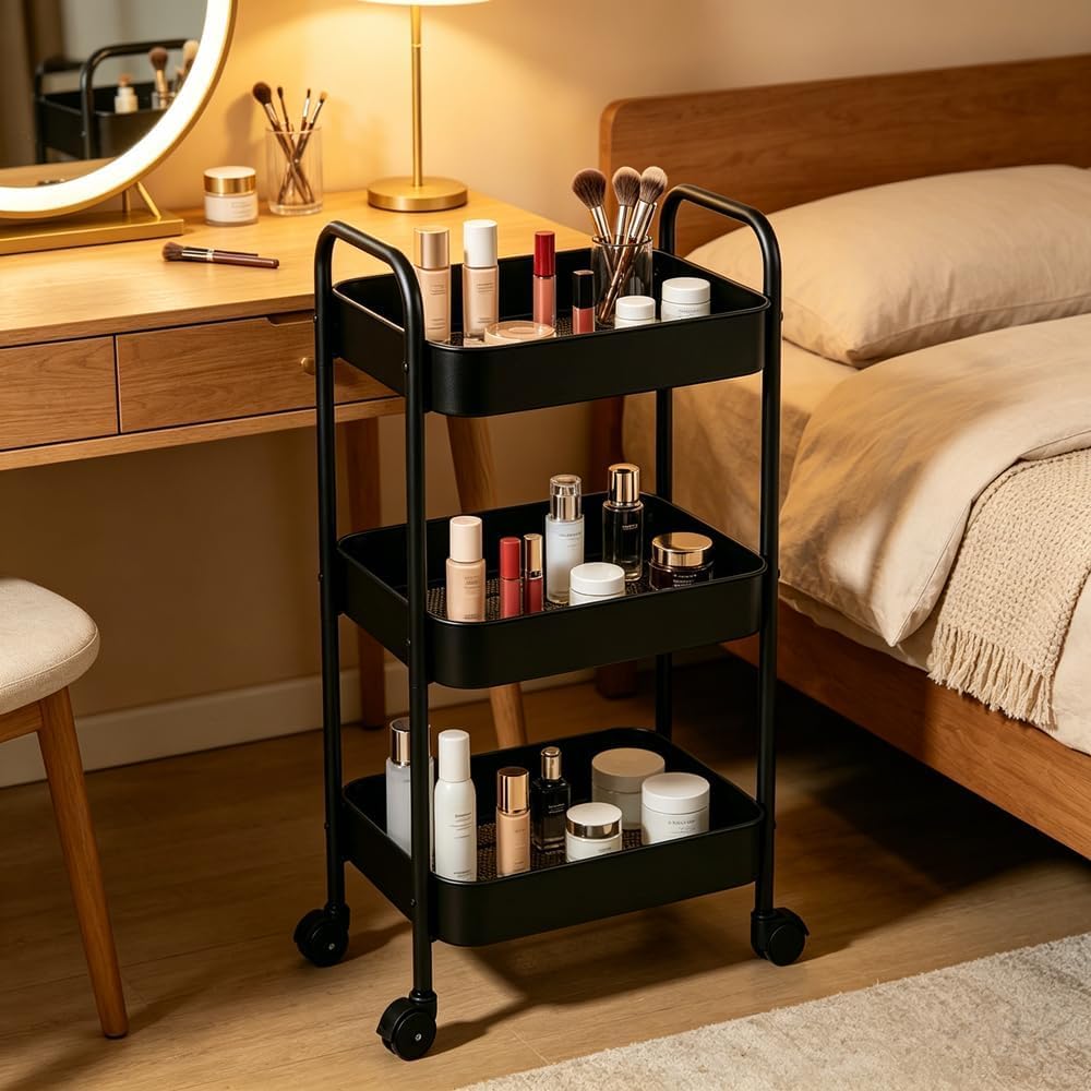 Black 3-Tier Rolling Cart with Wheels, Multifunction Utility Storage Carts, Kitchen Storage Organizer, Mobile Shelving Unit for Bathroom, Laundry — view 4