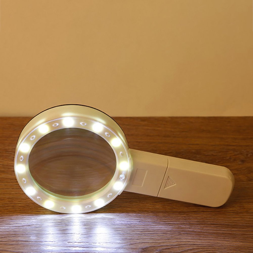 10-fache LED-Handlupe mit Lichtleselupe, doppelte optische Glaslinse, Lupe mit 12 LED, 1 UV-Licht für Bücher, Zeitung, Schmuck, Münzen, Stempel, Hobbyhandwerk
