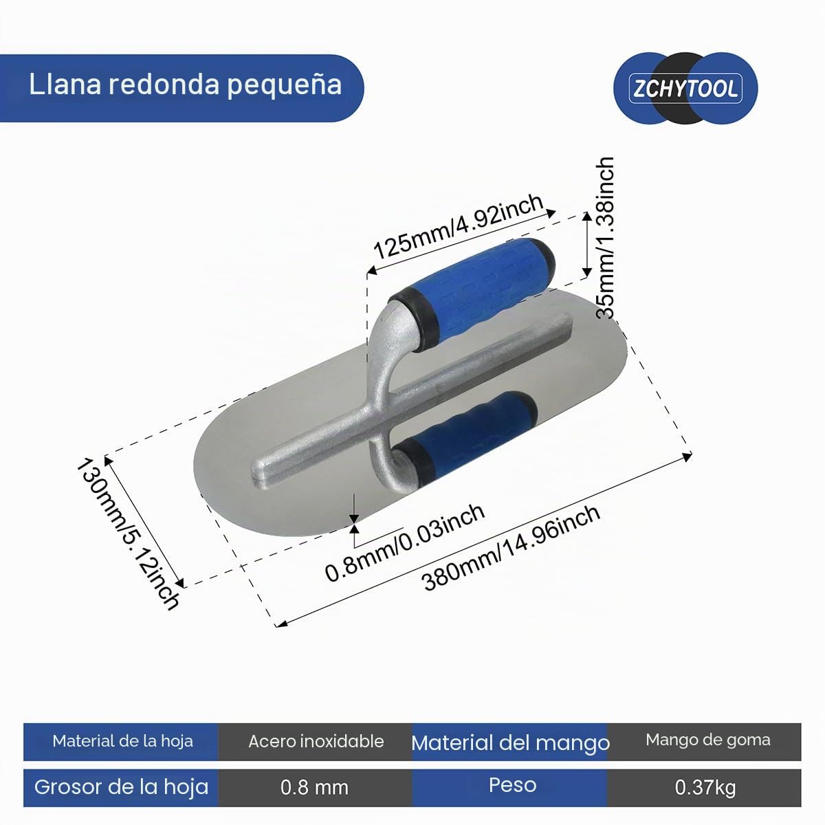 Llana alisadora totalmente redondeada de 300 x 125 mm, de acero inoxidable, para hormigón, interior y exterior, paleta ligera para piscina