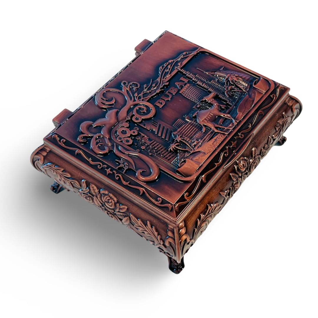 LUKADAHBronze Souvenir Antique Jewelry Box | Organizer for Womens, Girls, Best Gift | Carved Design, Trinket For Necklace, Bracelet, Earrings, Rings, Home Decorative Multipurpose Gift (Large Size)