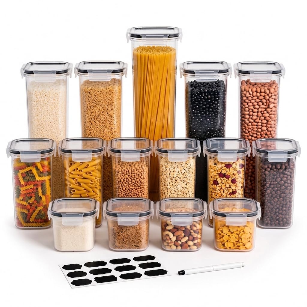 Kit 15 Potes Herméticos para Alimentos com Tampa e Trava - Vedação Silicone - Organizador