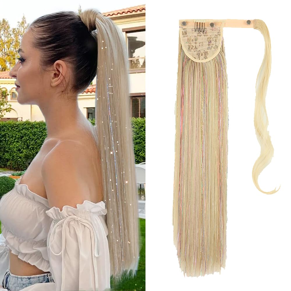 Ponytail Extensions Long Straight Ponytail Hair Extension for braiding Glitter Tinsel Pony Tail Hair pieces Hair extension for Women Girls (22/613 Ash Blonde Mix dark blonde)