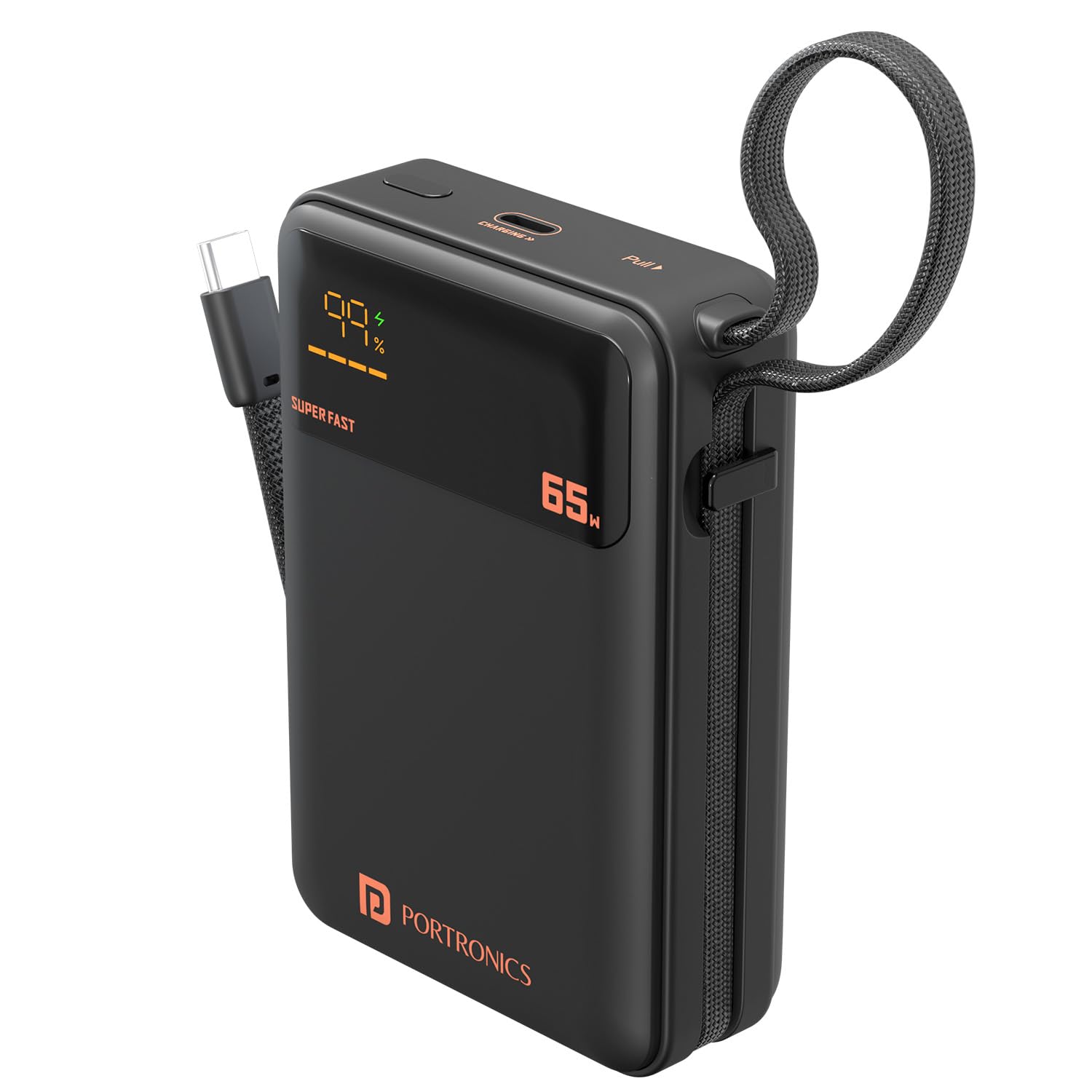 Portronics 65W Ignis 65 20000mAh Fast Charging Powerbank with in-Built Type C Cable for Android Smartphones, iPhones, ipads, Tablets & Macbooks, Type C PD Port, LED Display, Strong Lanyard (Black)