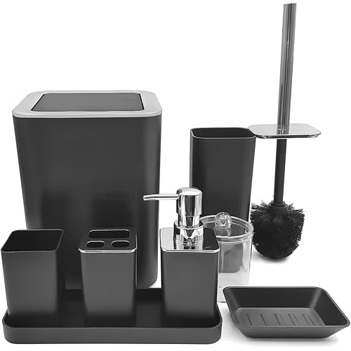 Black Bathroom Accessories Set,8-Piece with Trash Can,Soap Dispenser,Toothbrush Holder,Toothbrush Cup,Vanity Tray,Soap Dish,Toilet Brush and Clear Clear Plastic Qtip Holder