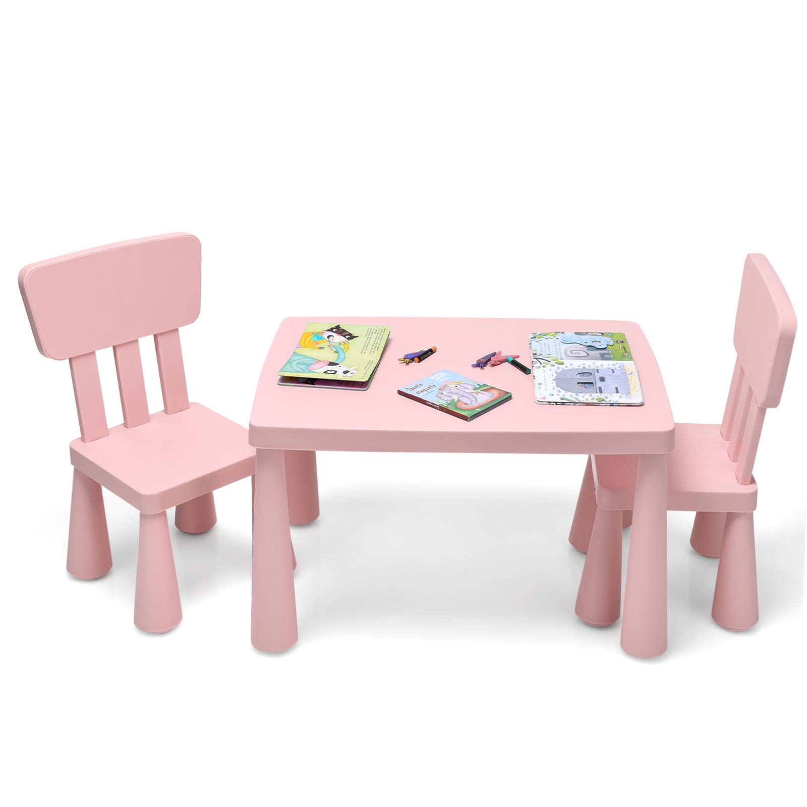 GOPLUS Table Enfant avec 2 Chaises, Petite Table d'Activité Enfant en Plastique pour Manger, Étudier, Jouer, pour Filles Garçon 1-7 Ans, Charge 50KG (Rose)