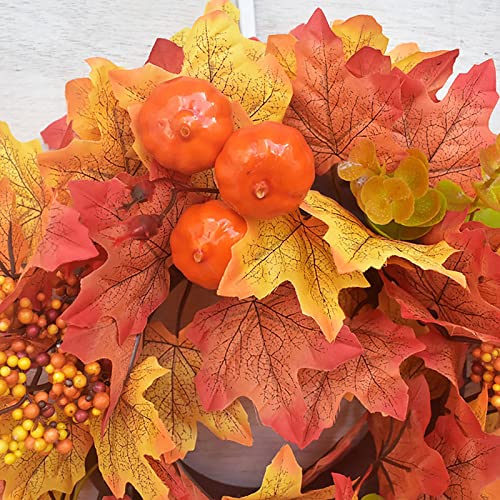 16 Inch Small Orange Pumpkins Maple Leaves Fall Wreaths for Front Door (Yellow) - image 2