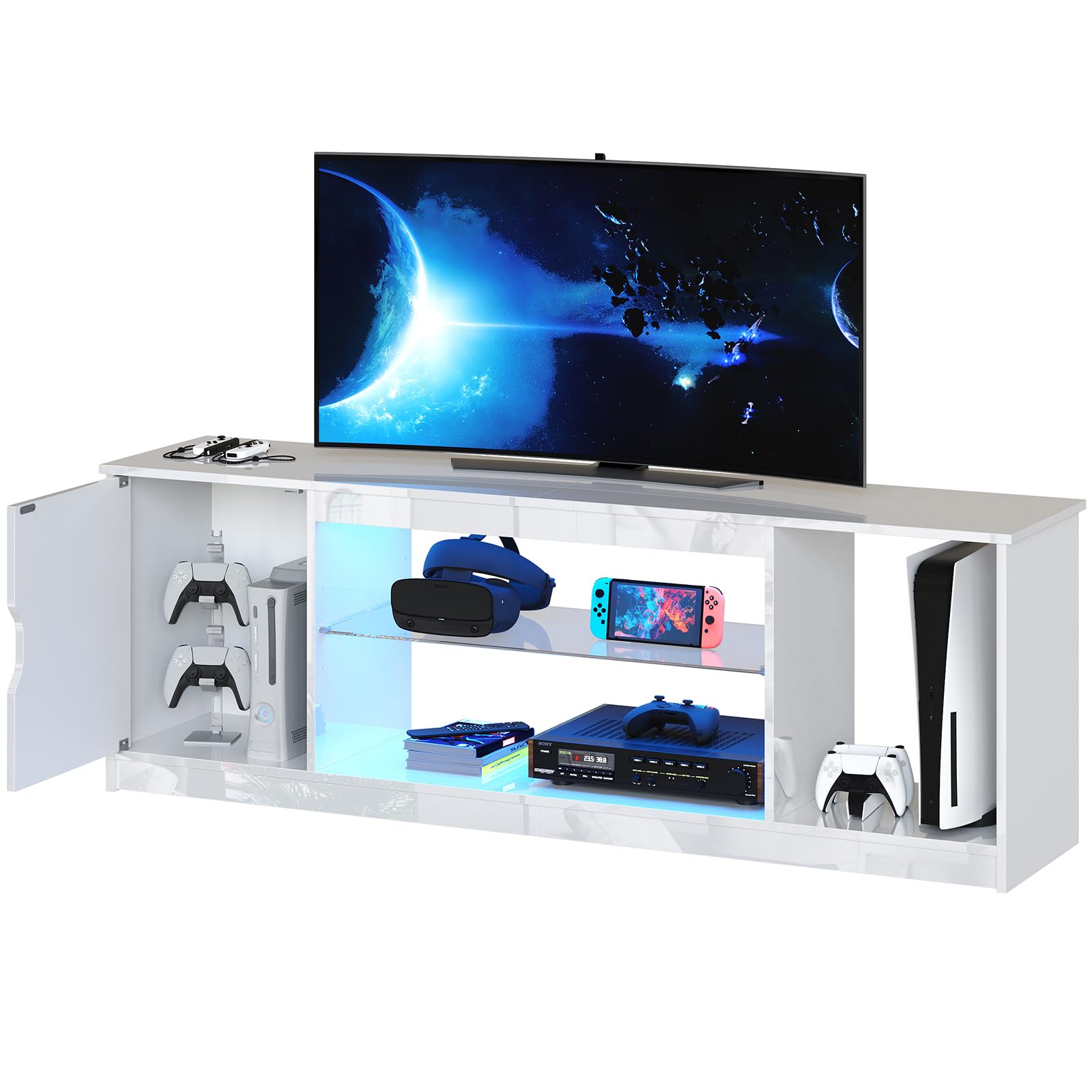 Bestier145cm Gaming TV Table, TV Unit with Glass Shelves, Open Storage & Cable Management, TV Stand for Living Room, White