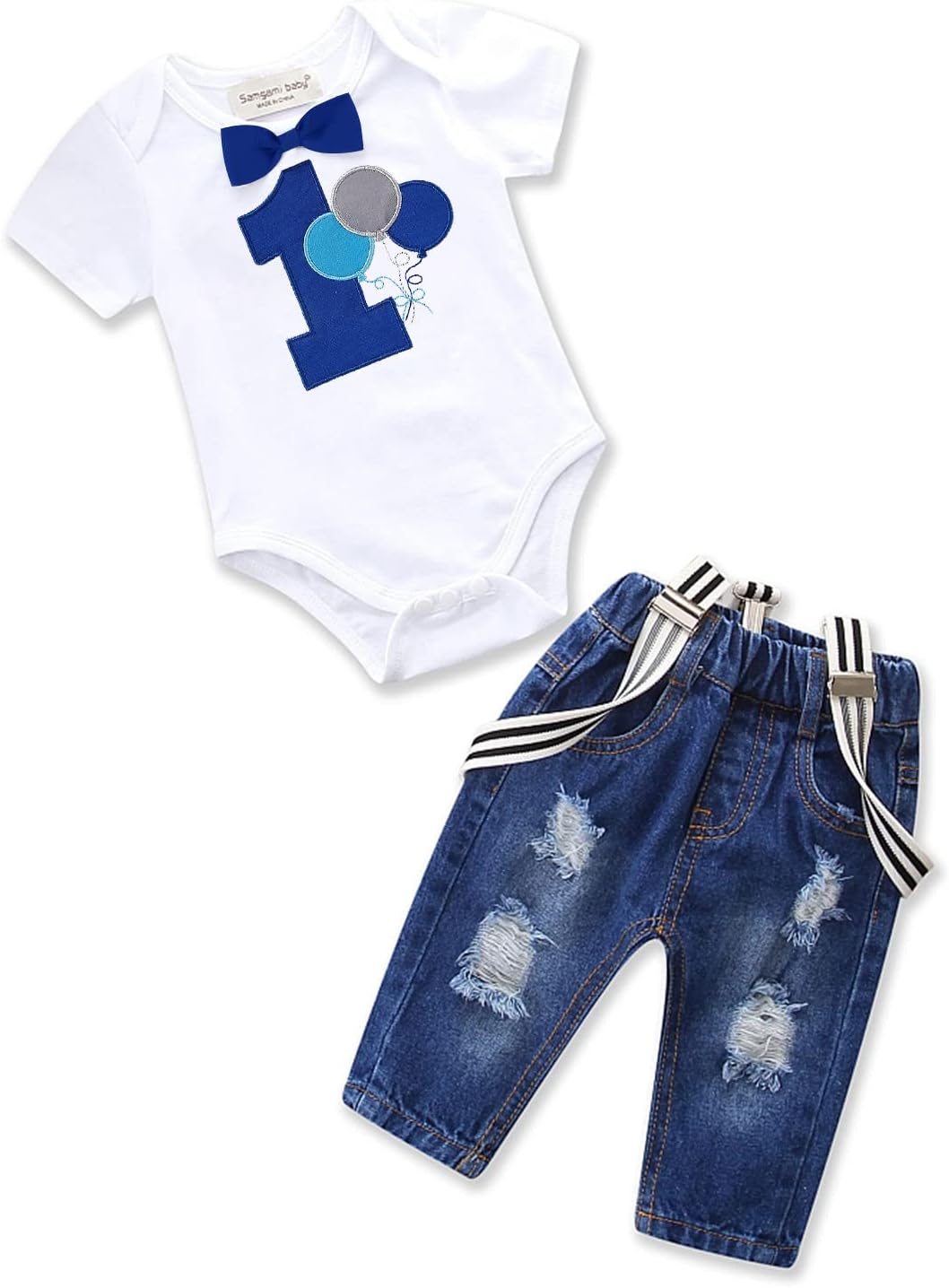 Toddler Baby Boy Birthday Clothes Set Birthday Photo Outfit Bowtie Romper Suspenders Ripped Denim Pants Party Outfits