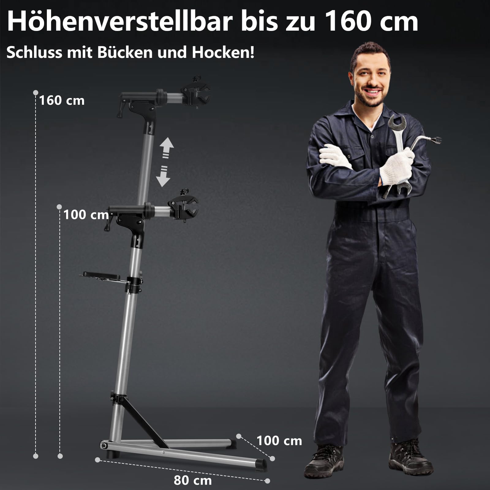 Urban Deco Fahrrad Montageständer Stabiler Reparaturständer aus Aluminiumlegierung, 50kg Kapazität, Höhenverstellbar bis 160cm, 360° Drehbare Halterung (Silver)