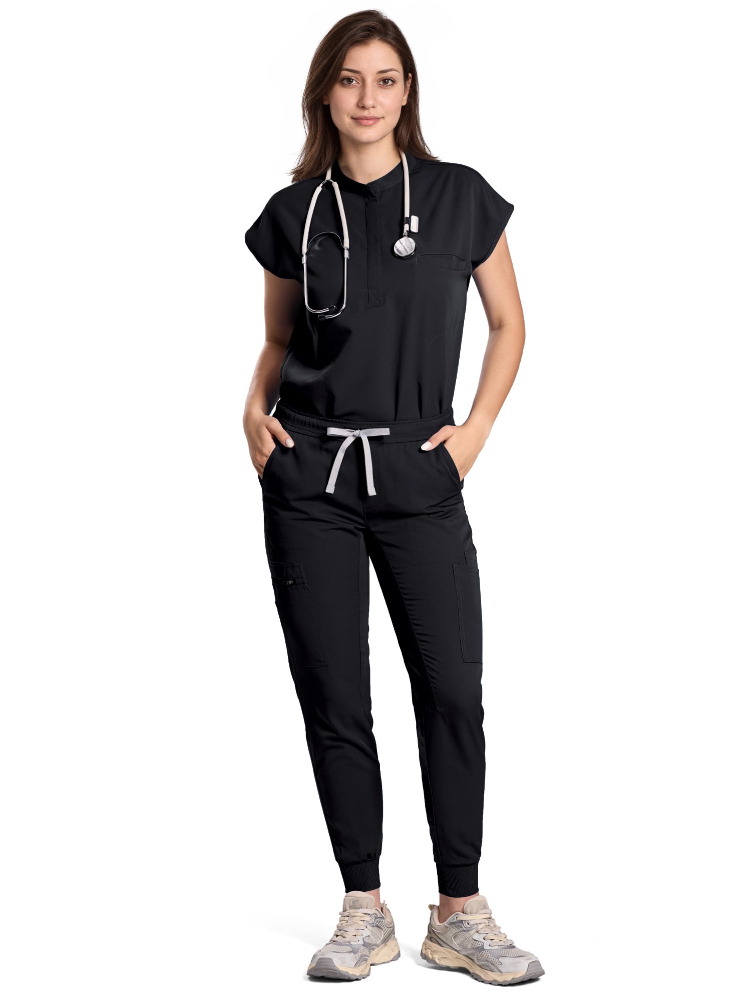 Scrubs for Women Set, Mandarin Collar & Cargo Joggers, 11 Pockets