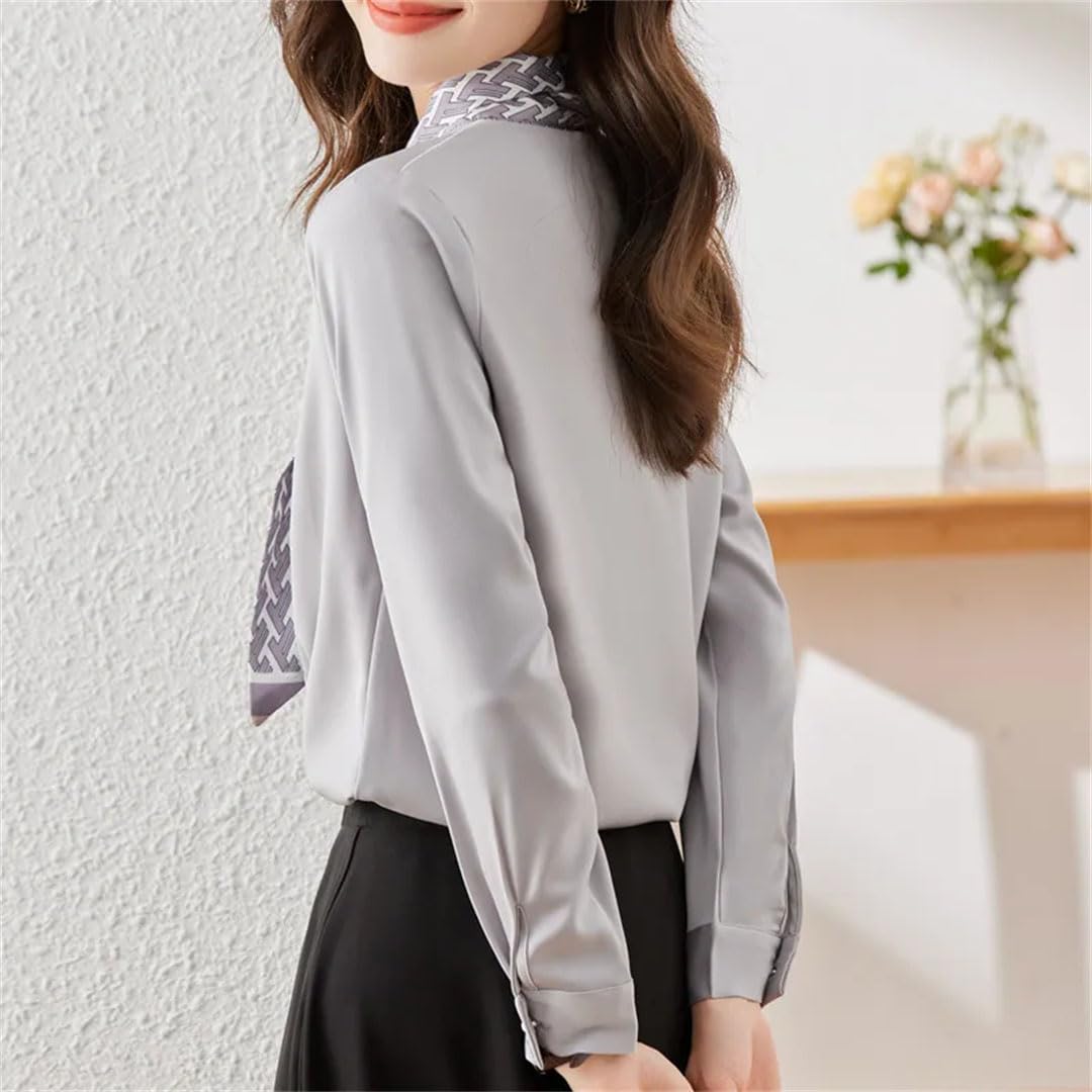 Blusa elegante de satén con estampado de lazo para mujer, para oficina, negocios, cuello en V, manga larga, holgada
