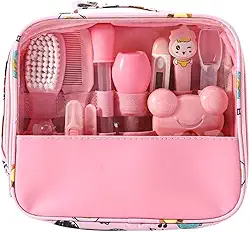 Kit Higiene Bebe Recém Nascido 13 em 1, Estojo Cuidado Bebê com Tesoura, Pente para Bebe, Termômetro, Cortador de Unhas, Lixa de Unhas e outros Kit Maternidade - Linha Premium (Rosa)