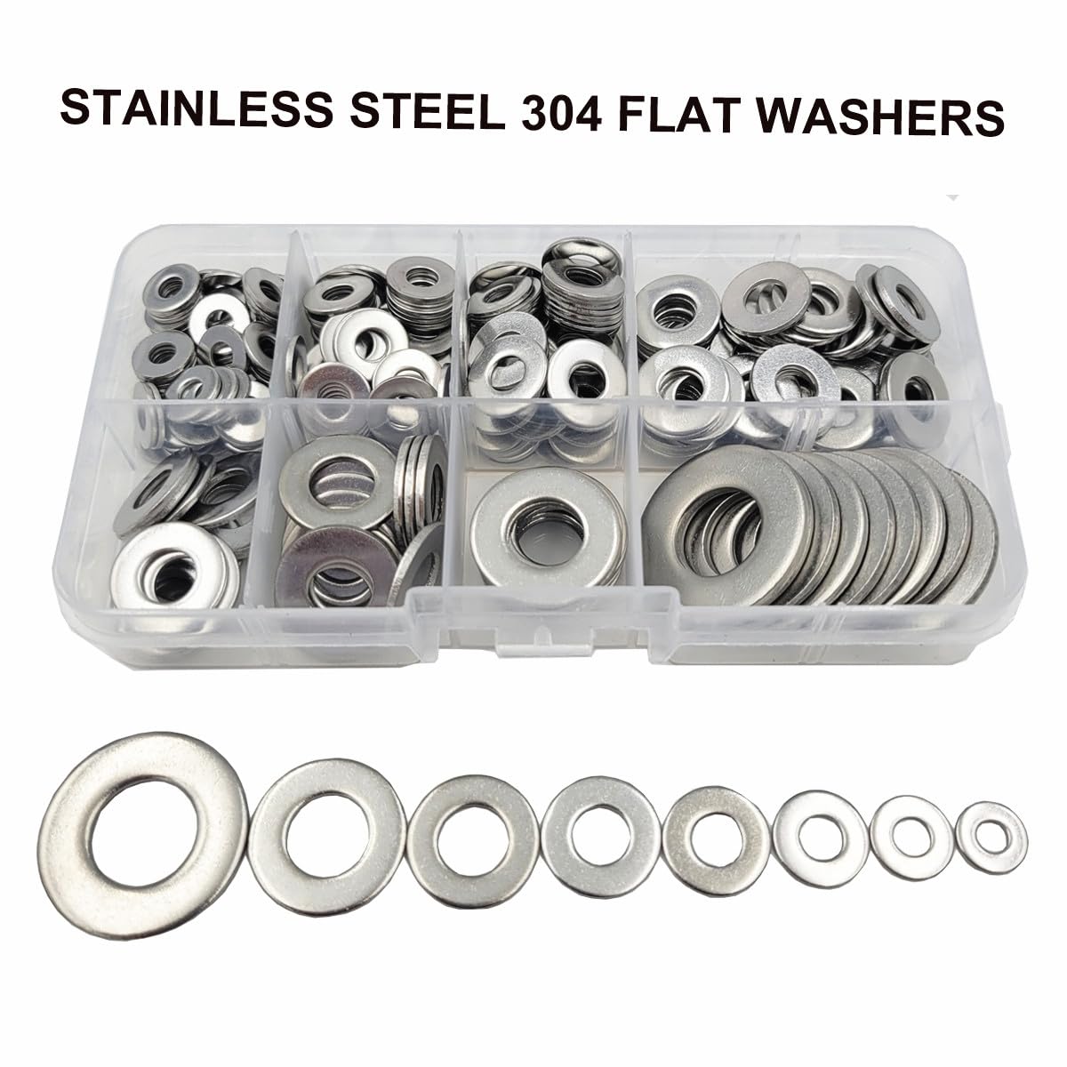 Tom's world 275Pcs 6# 8# 10# 12# 1/4 5/16 3/8 1/2 SAE Flat Washers 304 Stainless Steel Washers Assortment Set for Screws Bolts
