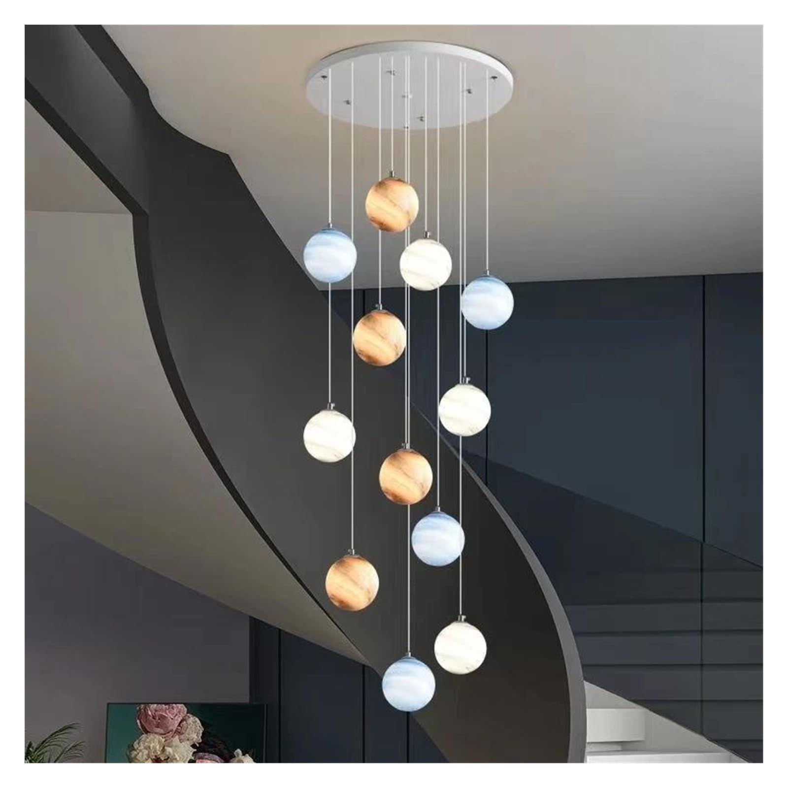 ASerZenith Creative Long Pendant Lamps Villa Modern Minimalist Duplex Revolving Staircase Chandeliers Living Room Hanging Light For Ceiling,Hanging Light,12 Heads Colorful