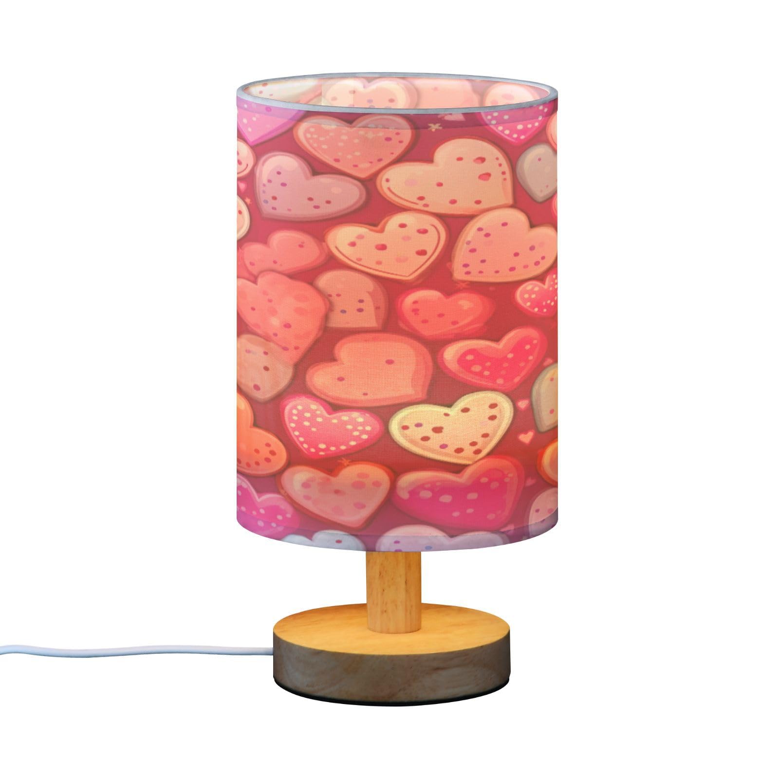 SDMKA Valentine Pattern Bedside Table Lamp for Bedroom, Minimalist Nightstand Lamp with Round Fabric Shade for Living Room, Office, No Bulb Required