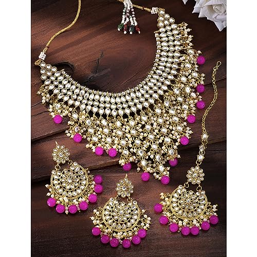 Image of Peora Kundan & Beads Studded Necklace Earrings & Maangtikka Set Ethnic Jewellery for Women & Girls