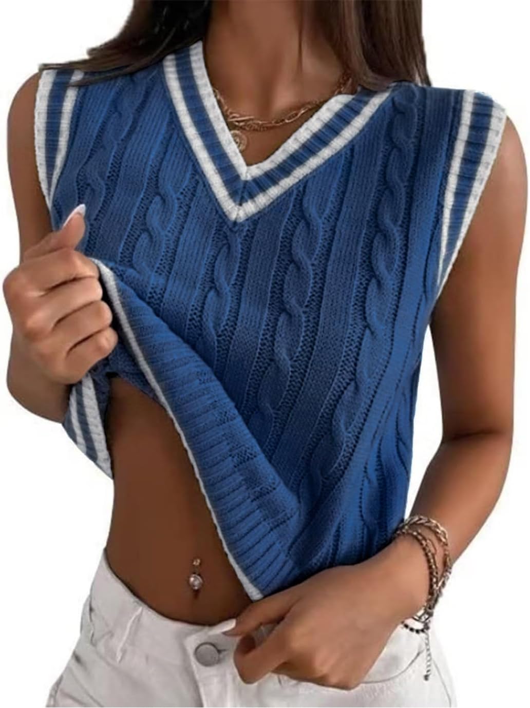 Womens Sweater Vest Cable Knit Casual V Neck Ribbed Preppy Pullover Tops Sleeveless - Image 2
