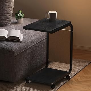 KADEUX C Shaped End Table, Portable Mobile Sofa Table, C Shaped Over Bed Table with Wheels and Storage Shelves, Small Couch Table for Bedroom Living Room (Color : Black Wood Grain Color)