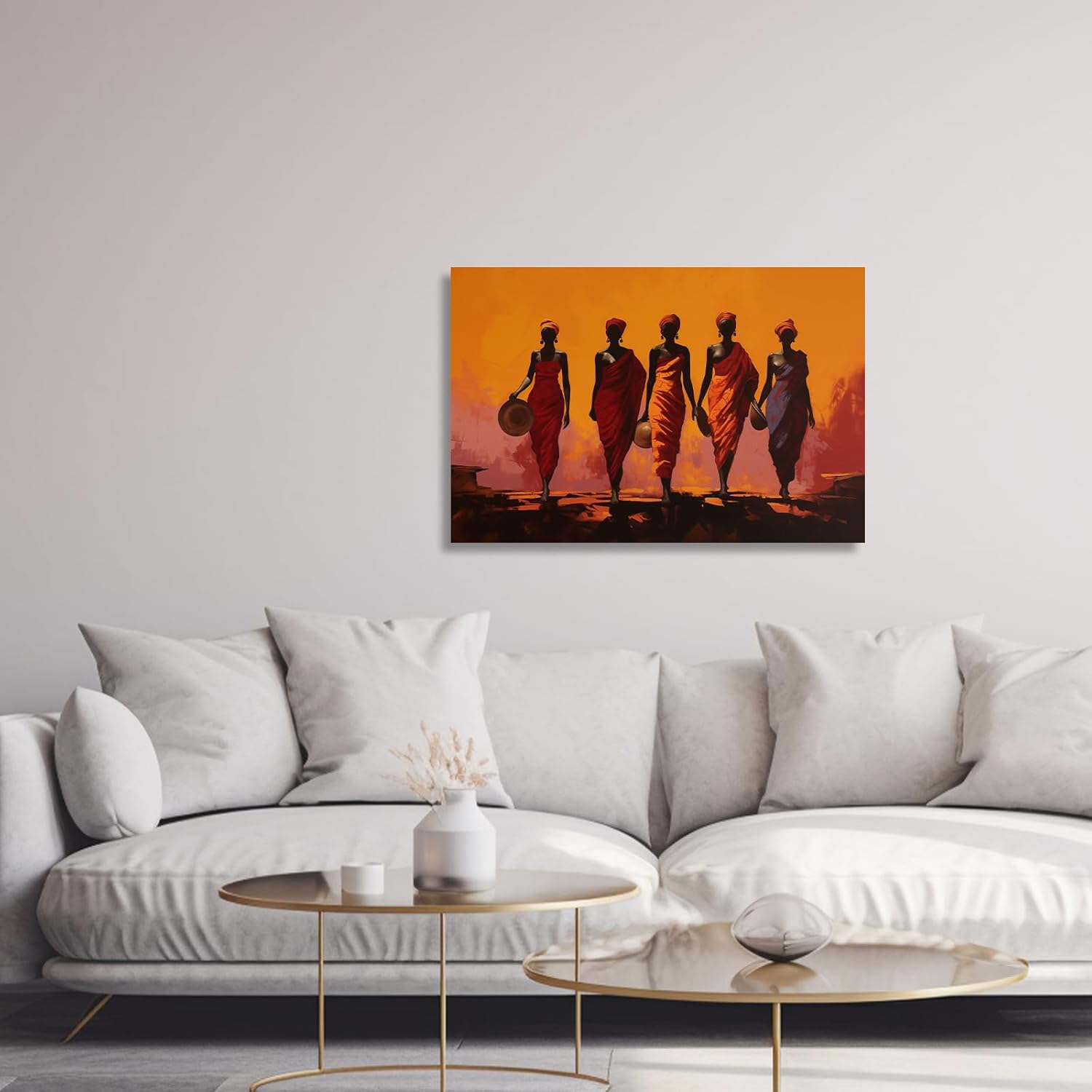 XLMDYYSW African Women Wall Art African Ethnic Tribal Pictures Traditional Black Girl Canvas Print Orange Sunset Lady Painting for Bedroom Office Decor Framed (Yellow, 12L x 18W)