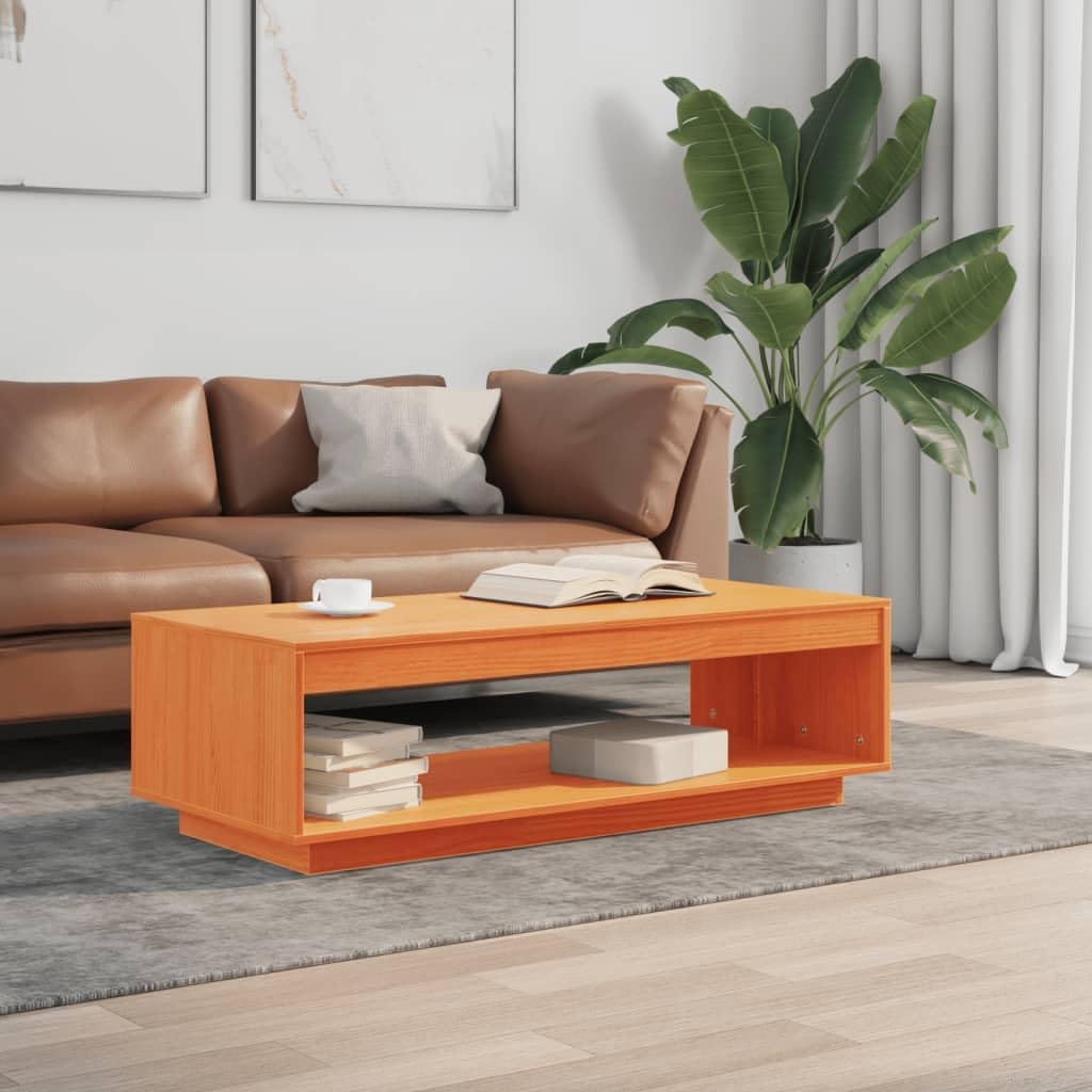 Mesa de centro marrón cera, madera de pino maciza, 110 x 50 x 33,5 cm, con estante y espacio de almacenamiento, moderna mesa de sofá para salón y sala de estar