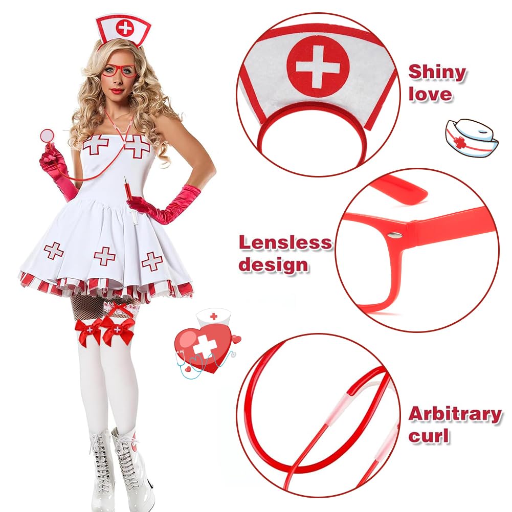 Set da infermiera Costume infermiera Halloween Accessori con cappello e stetoscopio, giarrettiera, calze rosse con croce bianca e penna a siringa, per donne e ragazze, accessori per Halloween