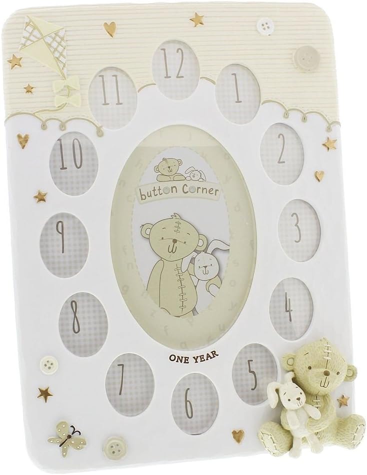 Button Corner Resin First Year Photo Frame with 12 small apertures & a large One Year - Birthday Frame CG1209
