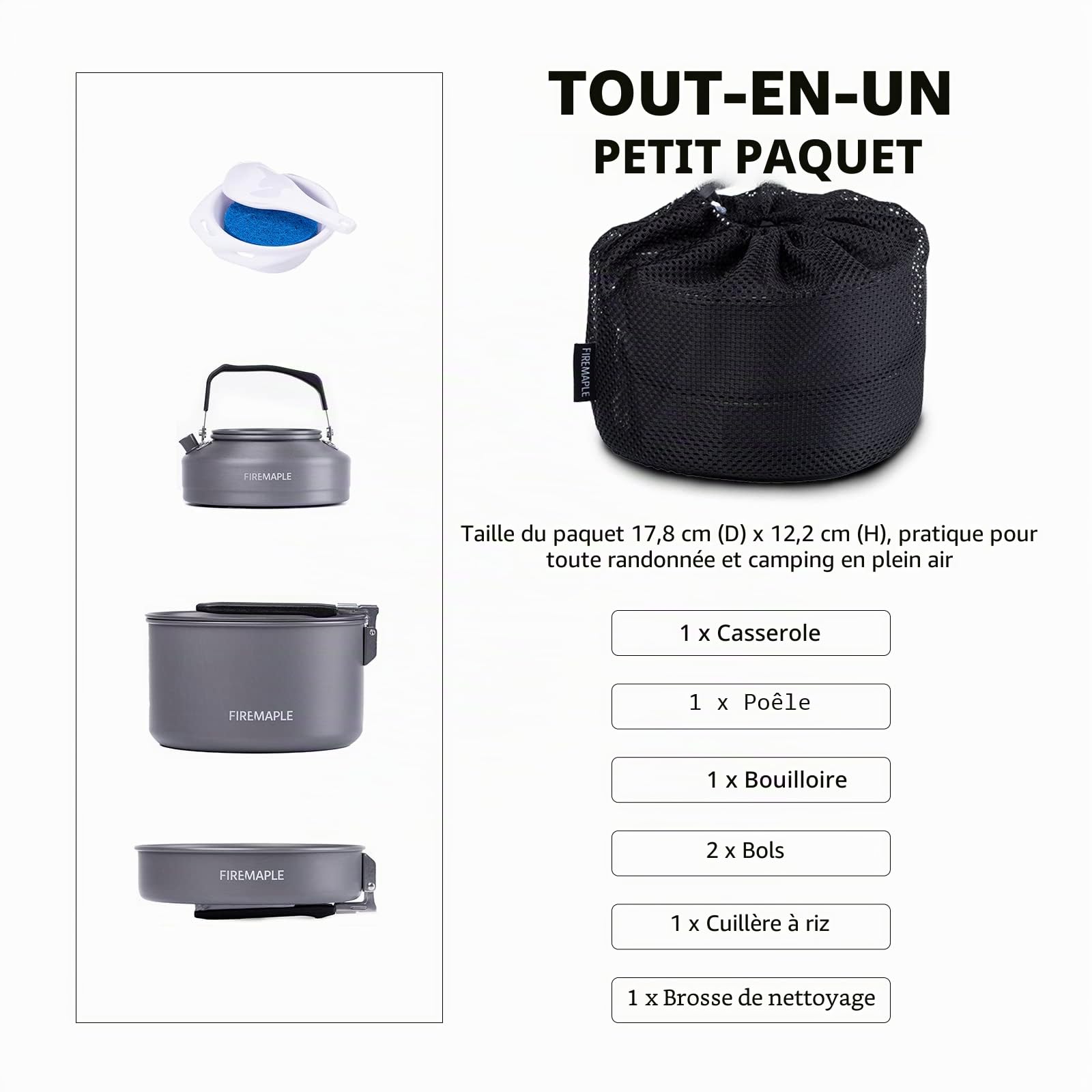 Fire-Maple Kit de Casserole Camping, Cookware Kit Batterie de Cuisine Ustensiles Bouilloire, Bols en Éponge pour Randonnée en Plein Air, Randonnée en Camping