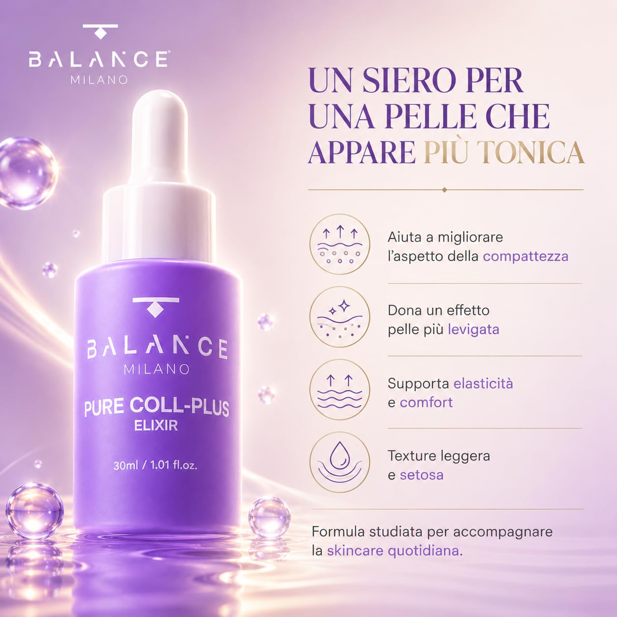 Siero Collagene Viso, Acido Ialuronico ed Elastina - Made in Italy - 30ml | Siero Idratante Viso Lampone e Kiwi - Emulgel Liftante Rapido Assorbimento - Tutti i Tipi di Pelle - Skin Care BALANCE MILANO