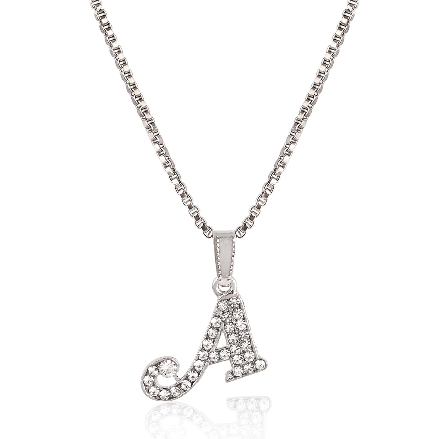 Alphabet 'A' Initial Pendant Necklace for Women & Girls | Silver-Plated Crystal Studded Letter Pendant with Box Chain | Stylish Personalised Jewellery Gift-image-23