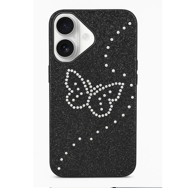 Image of ZR014 for iPhone 16 Back Case Cover | Diamond Butterfly Sparkel Design Slim Fit | Camera Protection | Shockproof TPU Case - Black