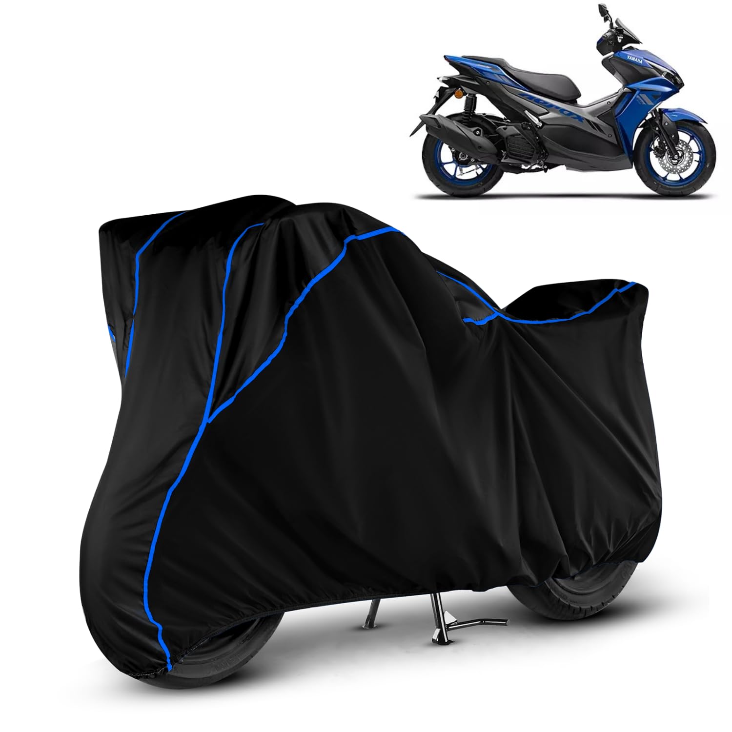 VOICO Water Resistant Bike Cover Dustproof UV Protection Bike Body Cover for Yamaha Aerox 155 All-Weather Protection with Blue Piping - (Black)-image-28