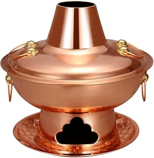 Vintage Red Copper Chinese Charcoal Hot Pot with Chimney - Shabu-Shabu Cooker for Family Dinners, Stewed Lamb & Camping(Size:38cm)