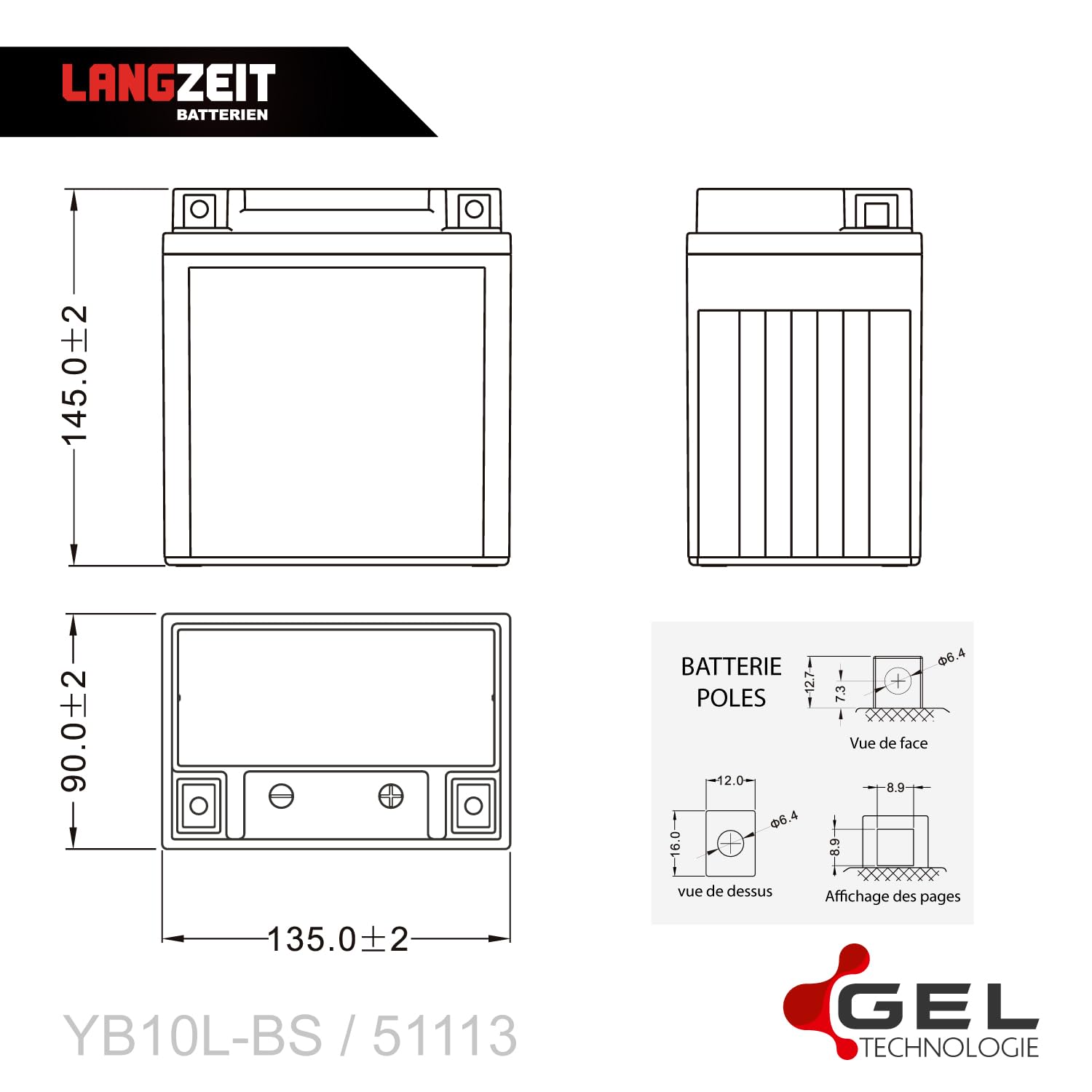 LANGZEIT YB10L-BS batterie moto 12V 11Ah GEL YB10L-A2 51113 YB10L-B2 YB10L