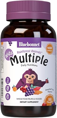 Bluebonnet Nutrition Rainforest Animalz - Tableta masticable múltiple a base de alimentos integrales, multivitamínico y mineral para niños, vitamina