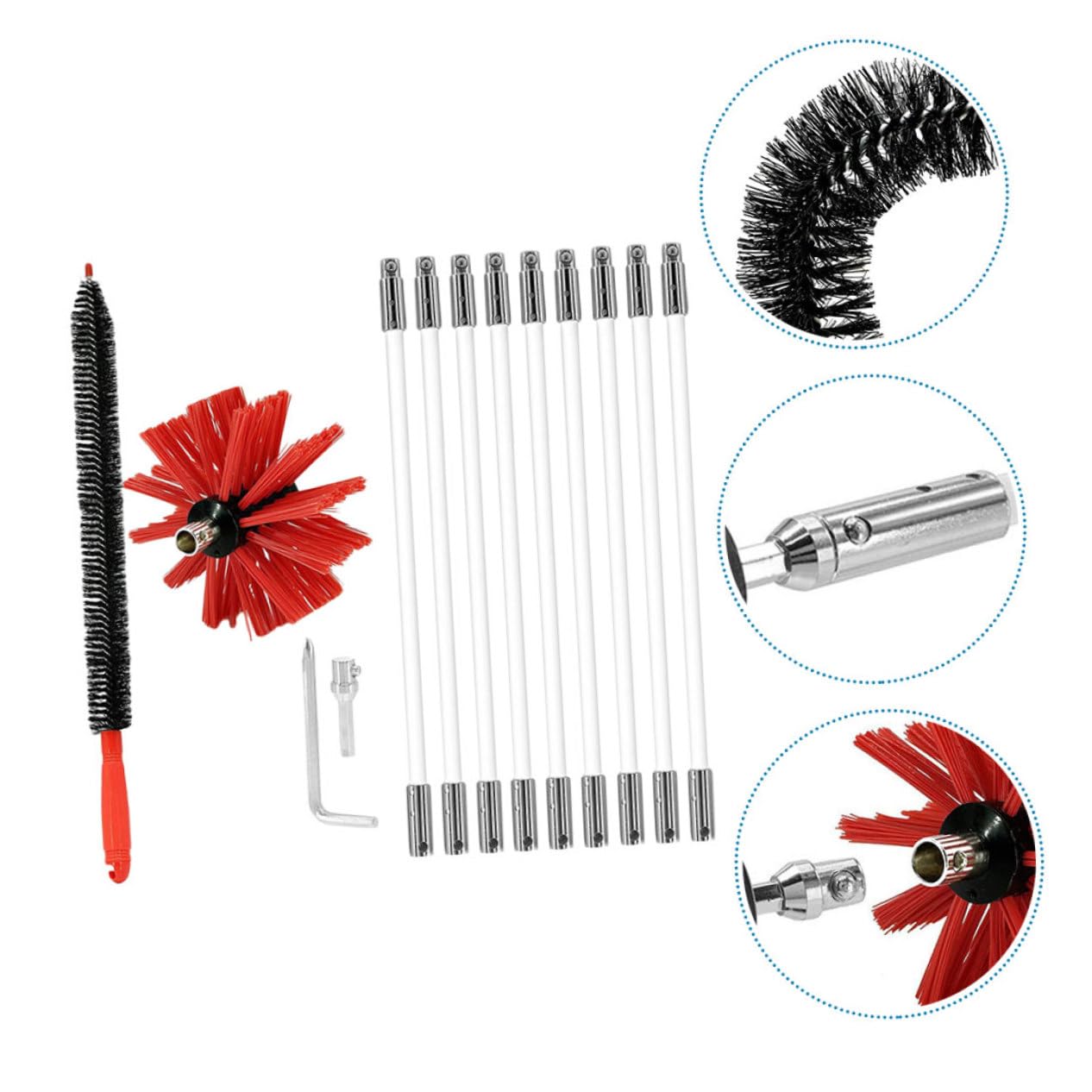 Kit Spazzola per Pulizia Stufa Flessibile in Nylon 9 Aste Estensibili per Canna Fumaria e Tubo Asciugatrice Installazione Rapida