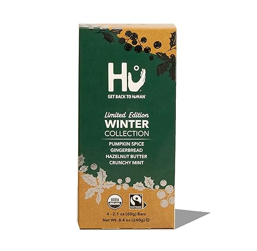 Hu Paquete de regalo de barra de chocolate negro Holiday Especias de calabaza pan de jengibre avellana menta crujiente vegano orgánico natural sin