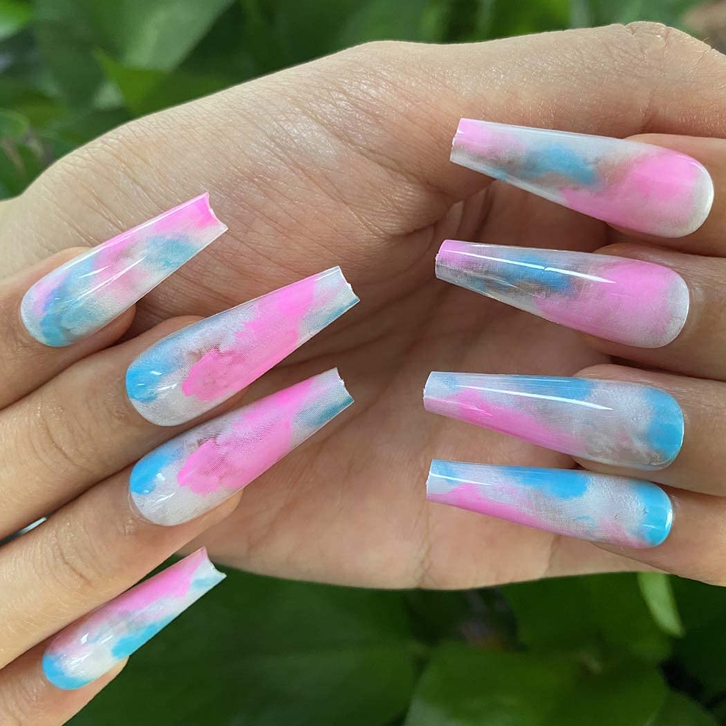 Amazon.com: Outyua Glossy Smoke Pattern Fake Nails Coffin Extra Long Press  on Nails with Design Ballerina Acrylic Super Long False Nails Designer Full  Cover Artificial Nails for Women and Girls 24Pcs (Colorful) :