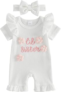 Infant Baby Girl Summer Outfit Crew Neck Little Sister Lil Sis Embroidery Romper Jumpsuit Newborn Waffle Clothes