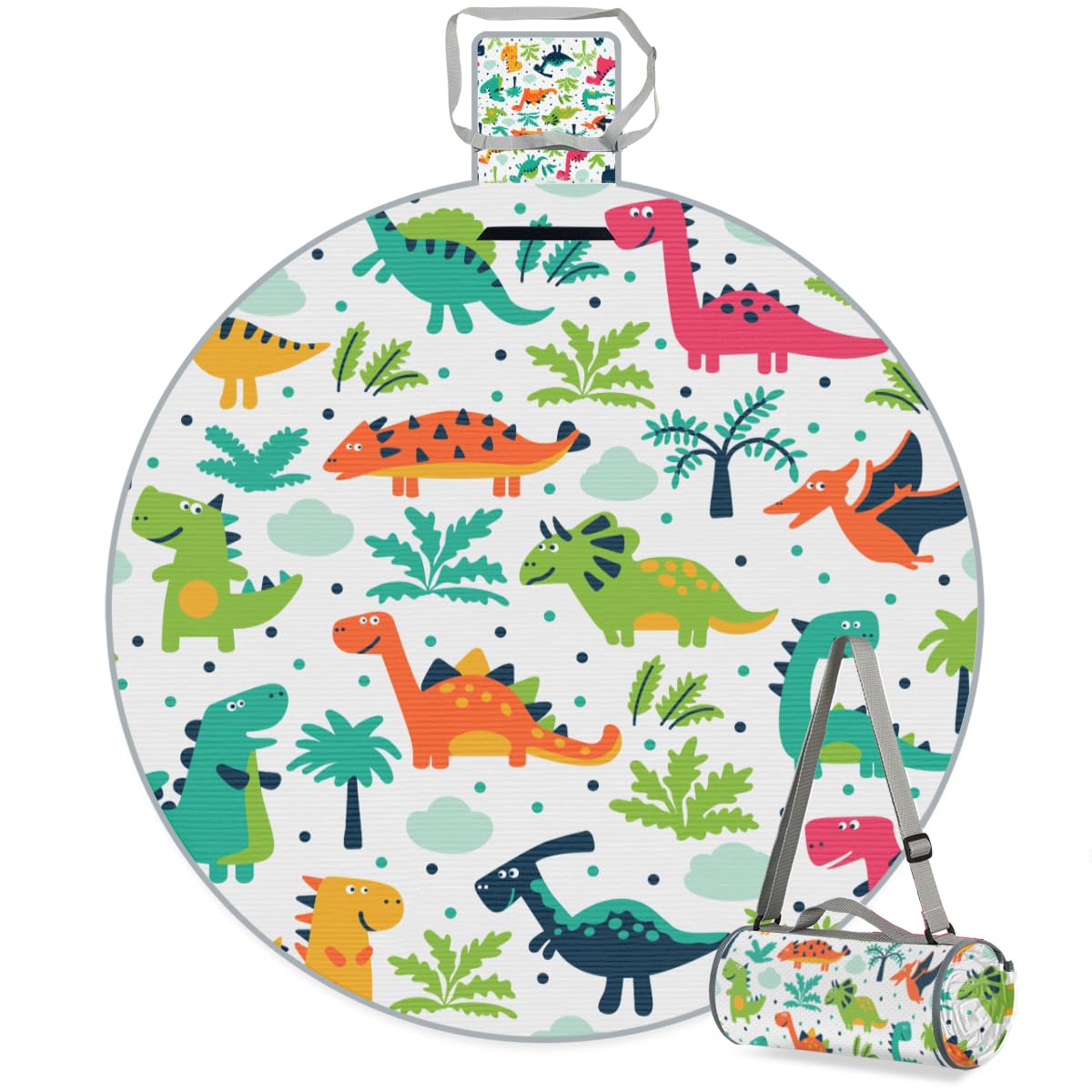 Shimoshe Cloudy Tree Dinosaur Picnic Outdoor Blanket Foldable Waterproof Sandproof Beach Blanket Portable Water-Resistant Round Picnic Mat for Travel Camping Park Lawn