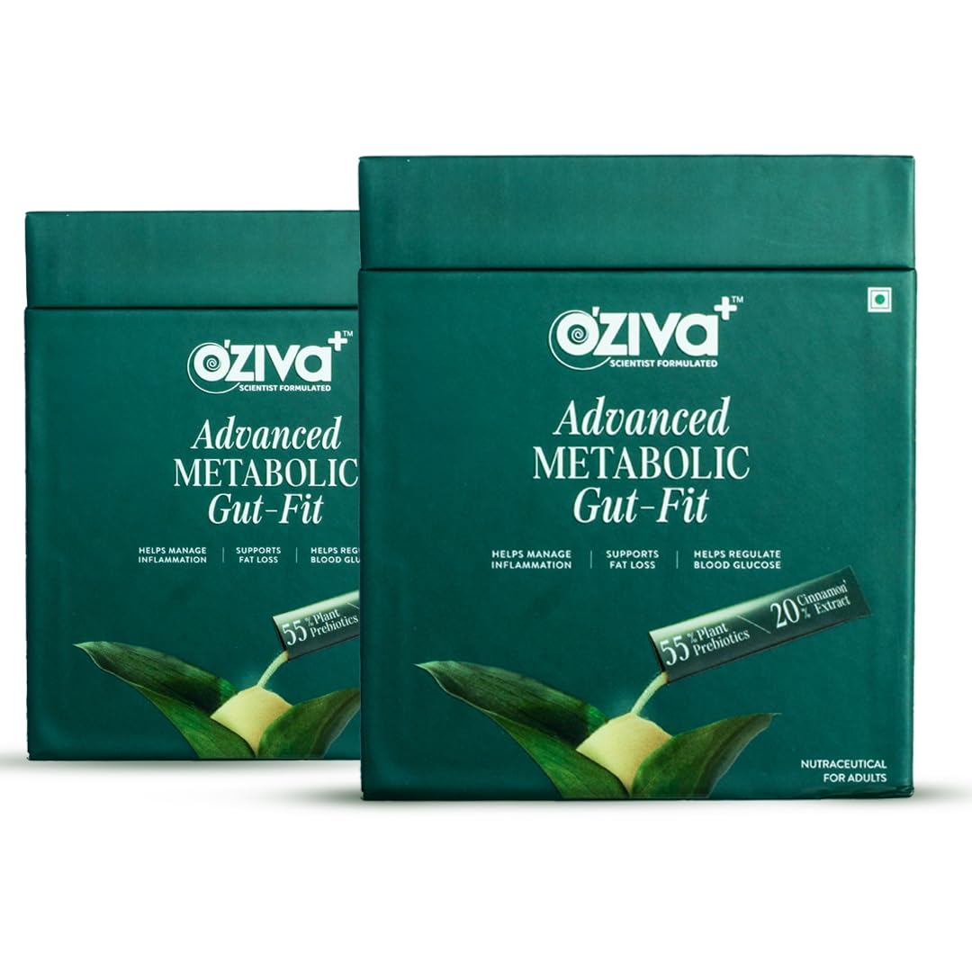 OZiva+ Advanced Metabolic Gut-Fit For Gut & Metabolic Heath | With Cinnamon Polyphenols, B420™ Probiotic, Oat Fiber Prebiotic | 60 Sachets + 60 Effervescent Tablets (Pack 2)
