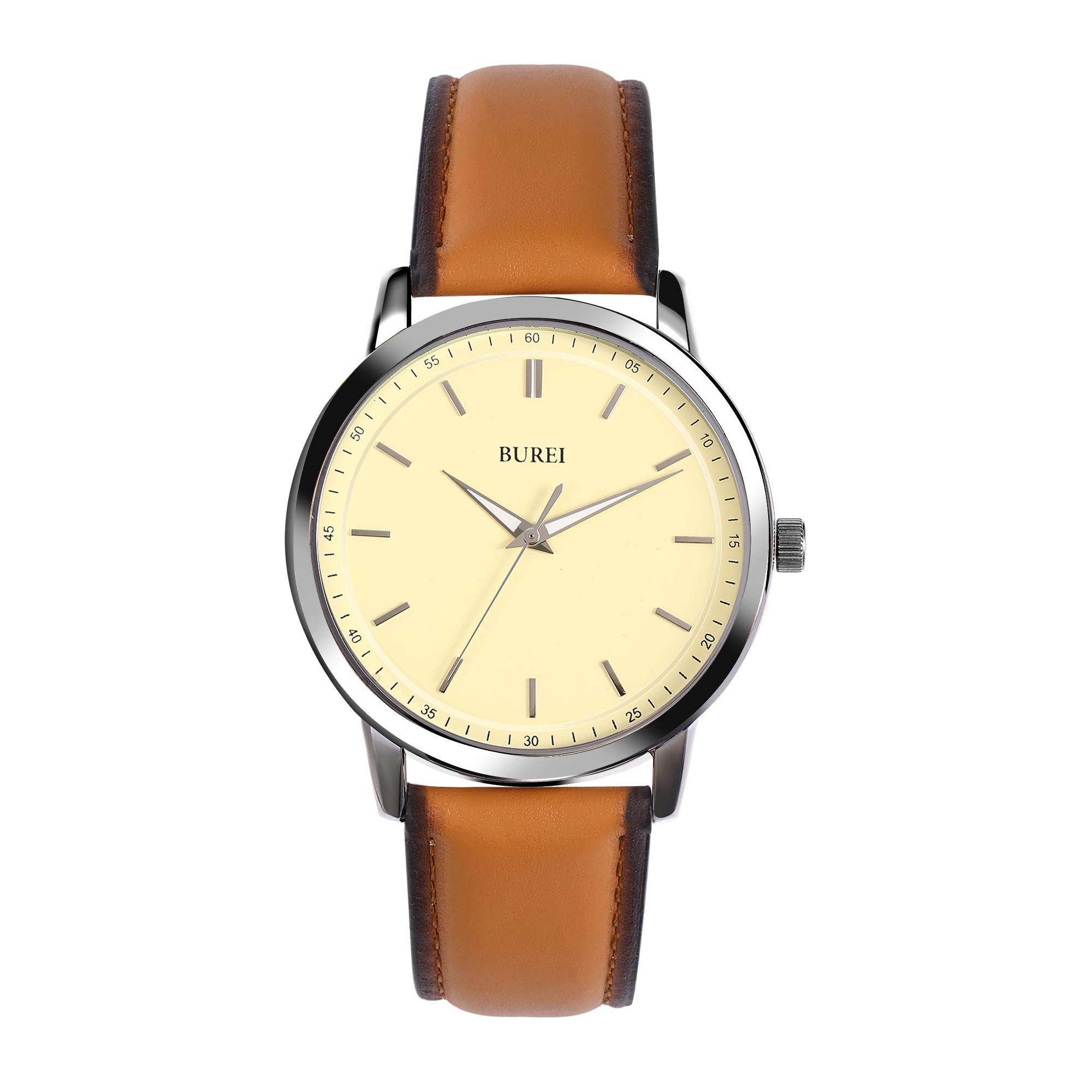 BUREIMens Fashion Watches Dress Minimalist Wrist Watches for Men Brown Leather Analog Watch Display with Slim Case Design relojes para Hombres