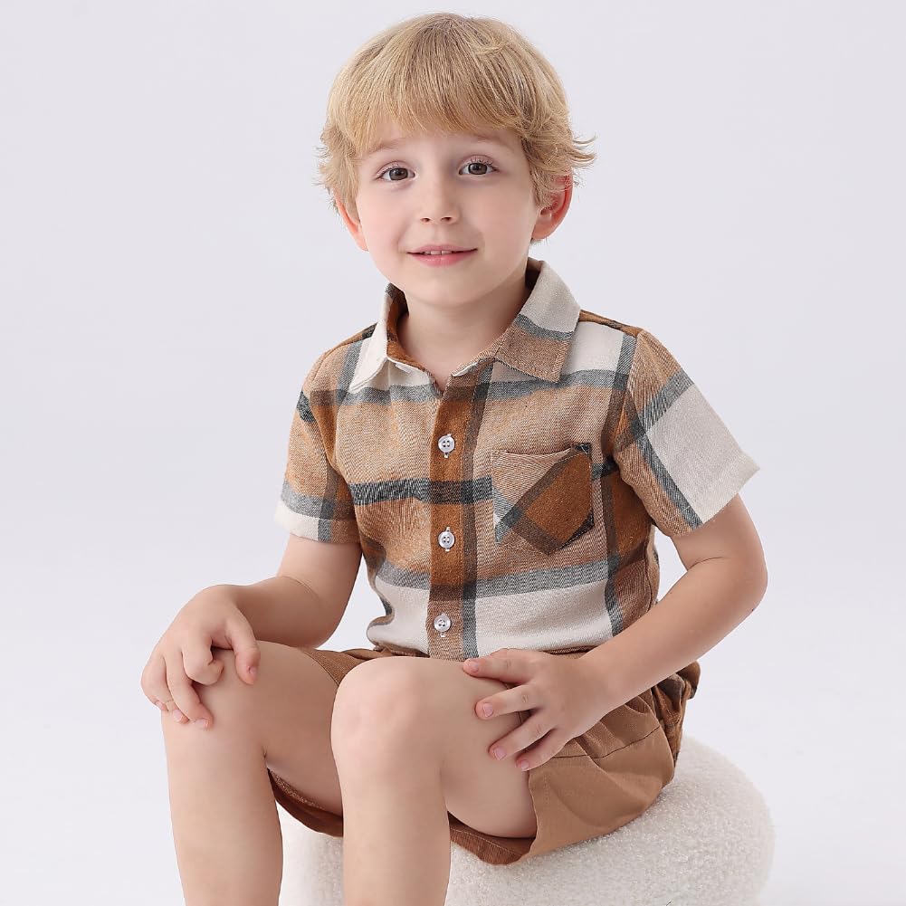 Camisas de manga corta con botones para niños, ropa de verano a cuadros de algodón con bolsillo, 2-8T (paquete de 2)