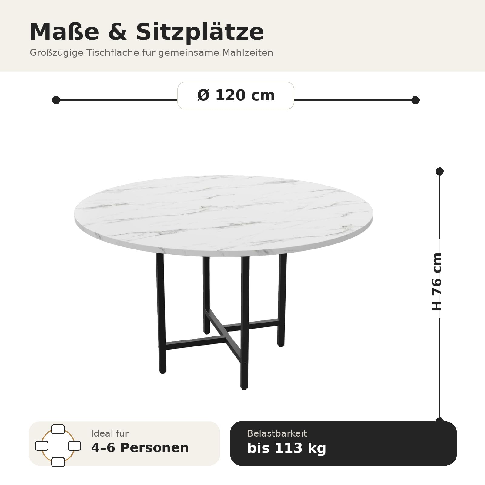 Tavolo da pranzo rotondo, diametro 120 cm, per 4-6 persone