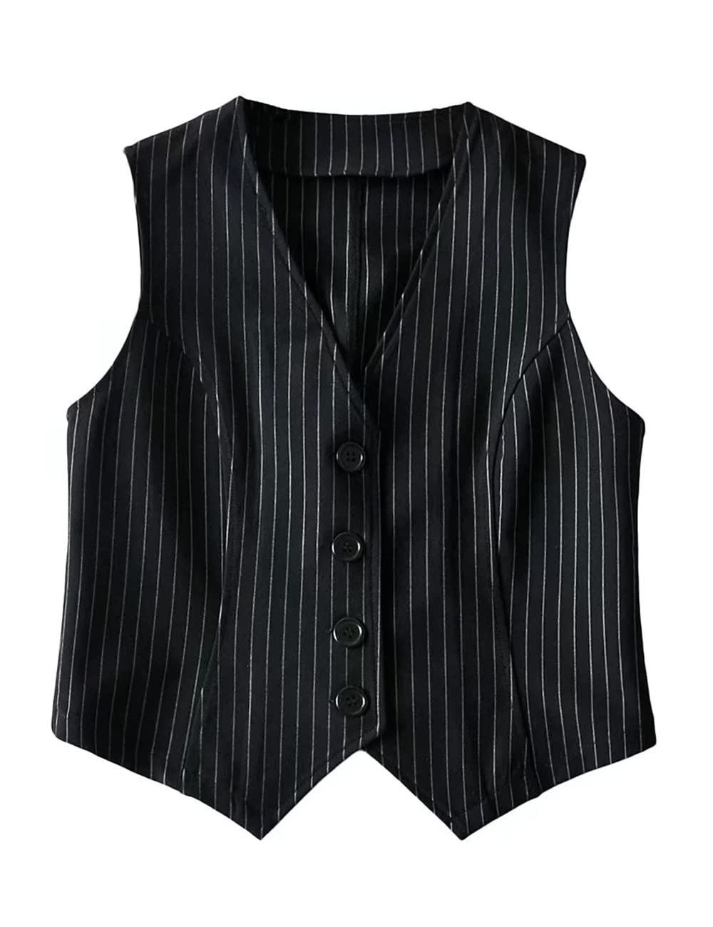 Jeovuanun Womens Striped Button Dressy Vest Jacket Casual Stretchy OL Fitted Tuxedo Suit Waistcoat Black Medium