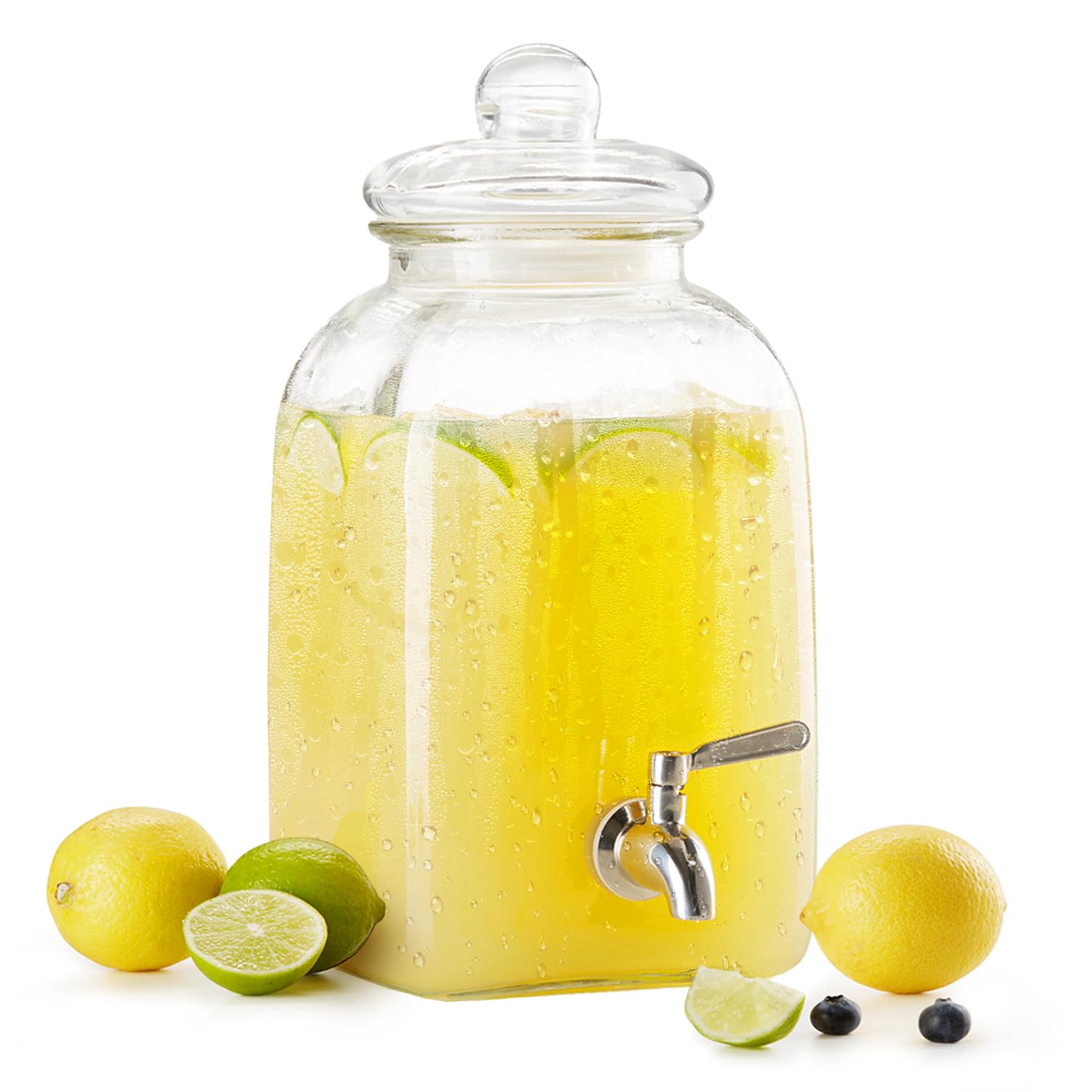 KooKGlass Drink Dispenser, with Leak-Proof Stainless Steel Spigot and Customizable Label Tag, Clear Mason Jar, Beverage Storage for Fridge, for Water, Iced Tea, Sangria, Lemonade, 1.25 Gallon