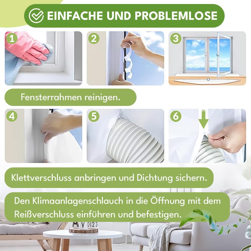 TEOV Klimaanlage Fensterabdichtung, 400cm Fensterabdichtung für Mobile Klimageräte mit Wasserdichte Abluftschlauch Set ohne Bohren, doppelte Öffnung, Hot Air Stop für Flügelfenster Ablufttrockner usw